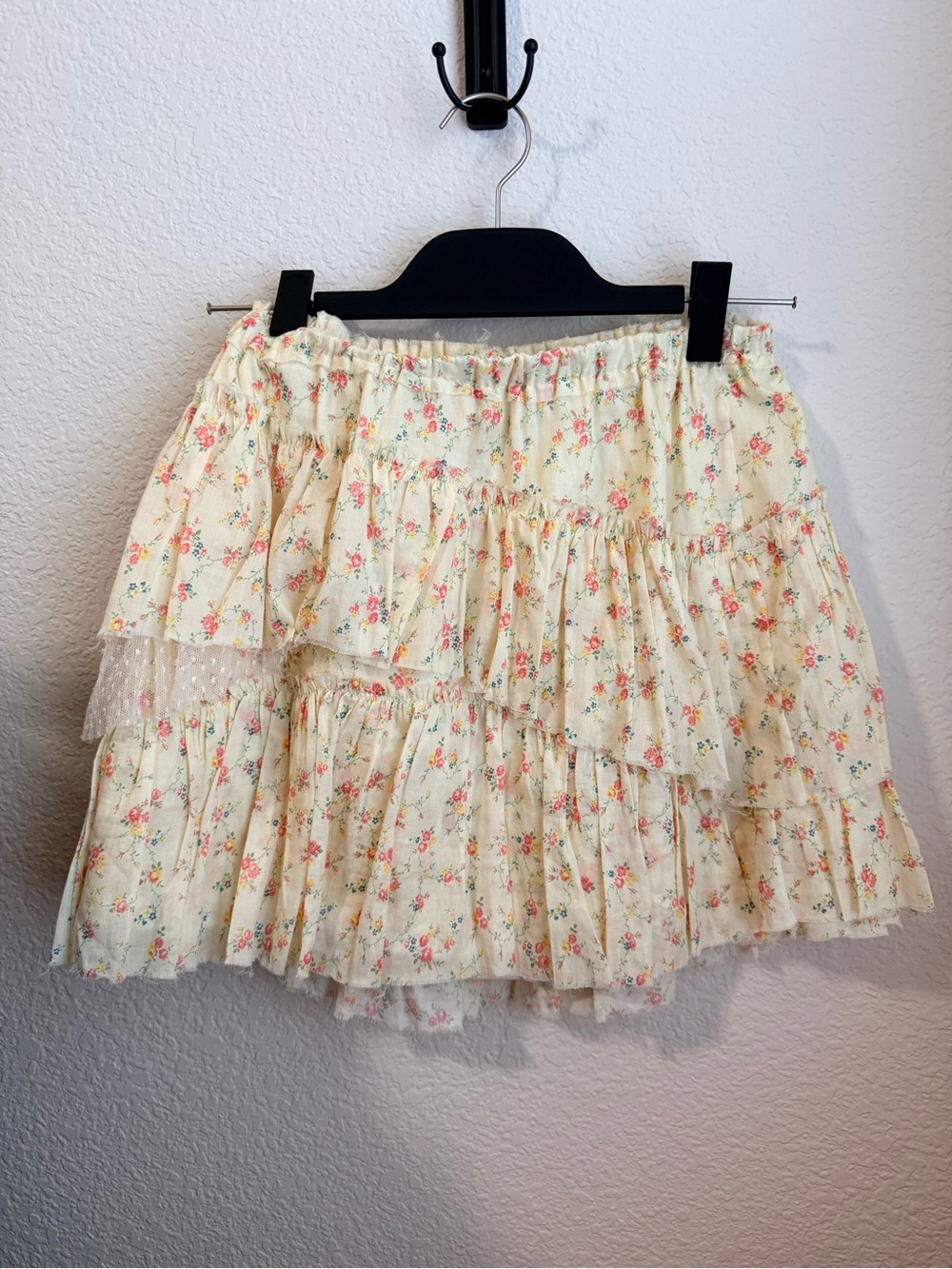 LoveShackFancy Cream Floral Ruffle Mini Skirt Size S